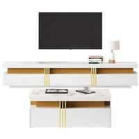 TV-ELEMENT aus Spanplatte, TV-Schrank 200x40x42 cm und Couchtisch 100x50x40 cm, Weiß, mit Schubladen und Marmor-Optik - Weiß, Holzwerkstoff (200/42/40cm) - Modfu