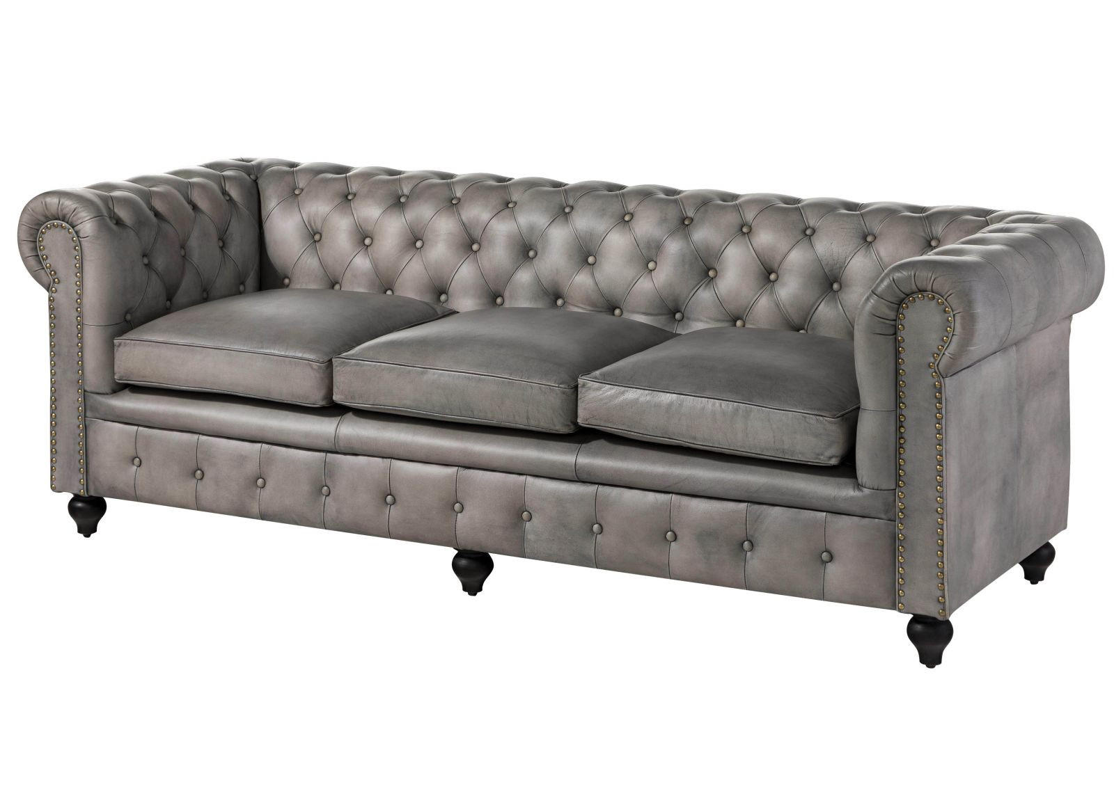 SOFA 3-Sitzer Echtleder 216x82x75 grau CHESTERFIELD #203 - Grau, Leder (216/75/82cm) - Massivmoebel24