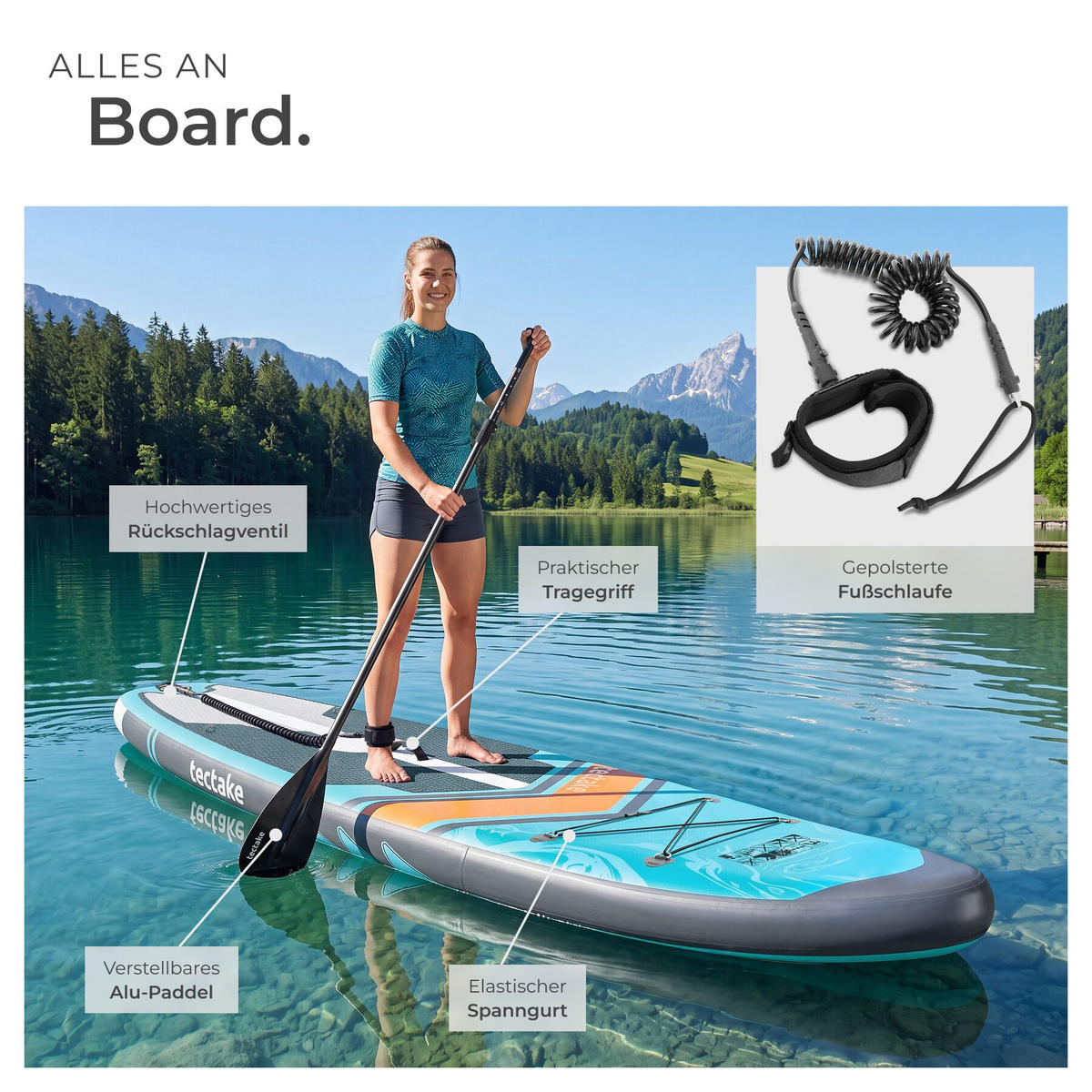 STAND UP PADDLE BOARD Palagios, Belastbarkeit 200 kg, inklusive Kajak-Sitz, türkis/orange - Türkis, Kunststoff (320/84/0.4cm) - tectake