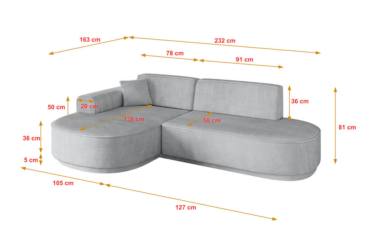 ECKSOFA Ottomane Links MARI-L1 - 232x163x81 cm Grau Cord - Schwarz/Grau, Holzwerkstoff/Kunststoff (163/234cm) - ALTDECOR