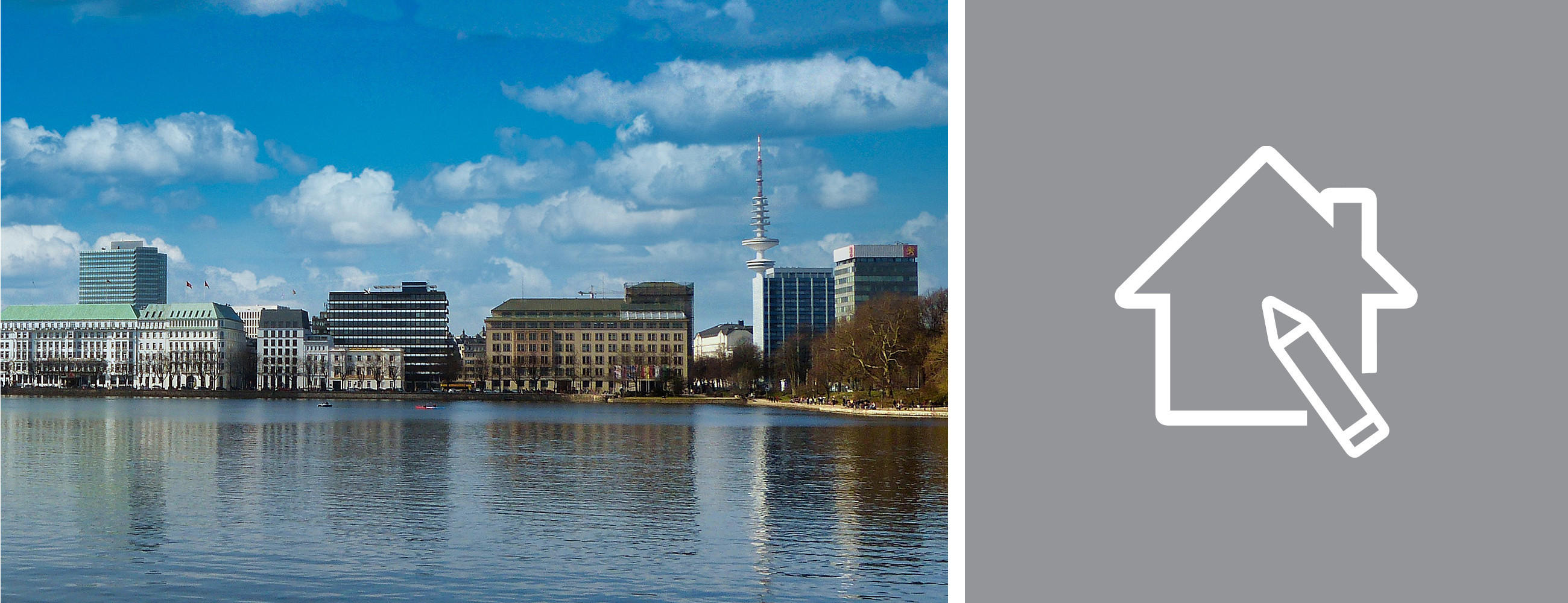 Skyline einer Stadt Hamburg mit Häusern zwischen blauem Himmel und blauem Wasser, was die urbane Landschaft ergänzt. Daneben ist das Icon der Heimberatung von XXXLutz in weiß, auf grauem Hintergrund.