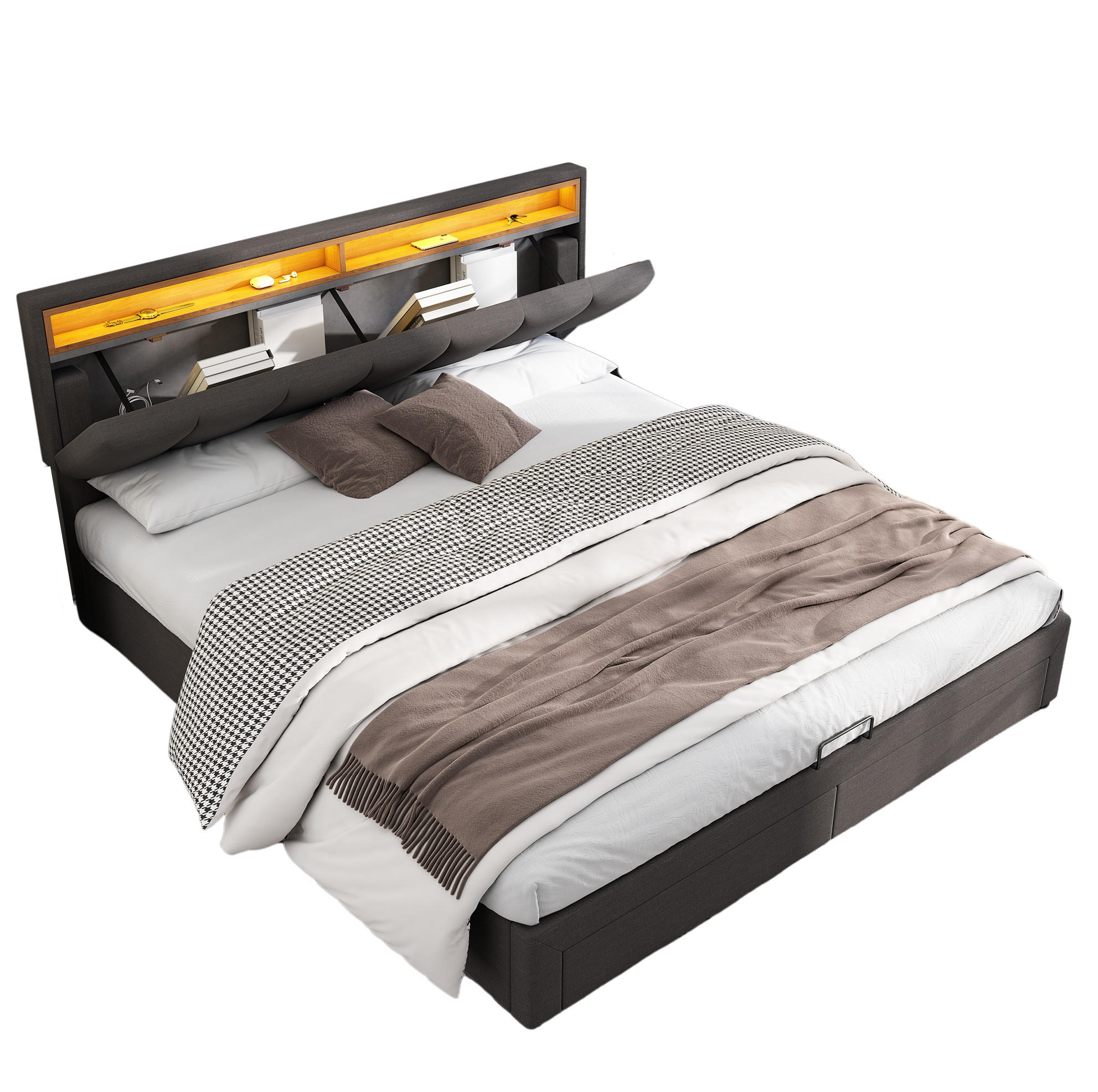 POLSTERBETT mit LED-Beleuchtung 160/200 cm mit Bettkasten und gepolstertem Kopfteil - Hellgrau, Metall (160/200cm) - BEAOK
