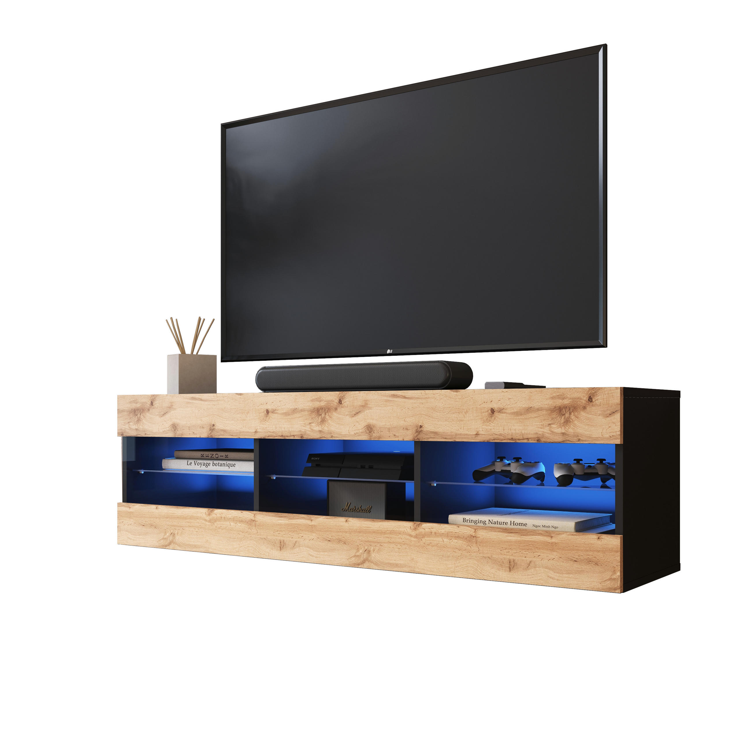 LOWBOARD TIVOLI RTV 140, Wotan, LED Blau - Eiche Wotan/Schwarz, Glas/Holzwerkstoff (140/40.5/35.5cm) - Komodee