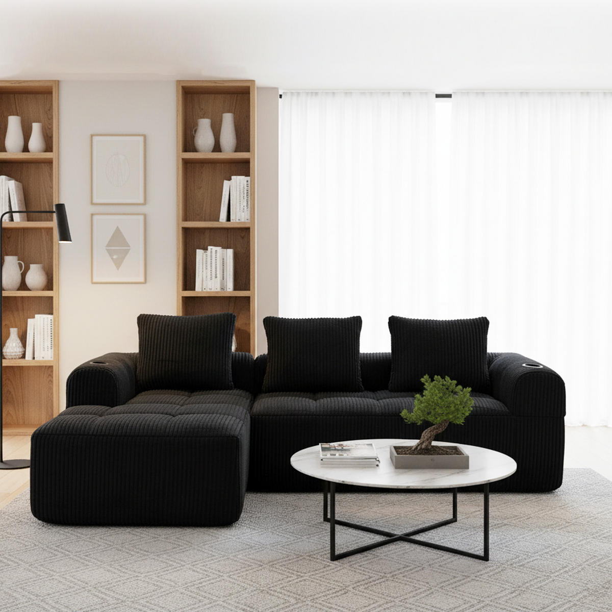 ECKSOFA 3-Sitzer mit Getränkehalter, Seitentaschen & 3 Kissen - Schwarz, Textil (253/158cm) - Urban Meuble