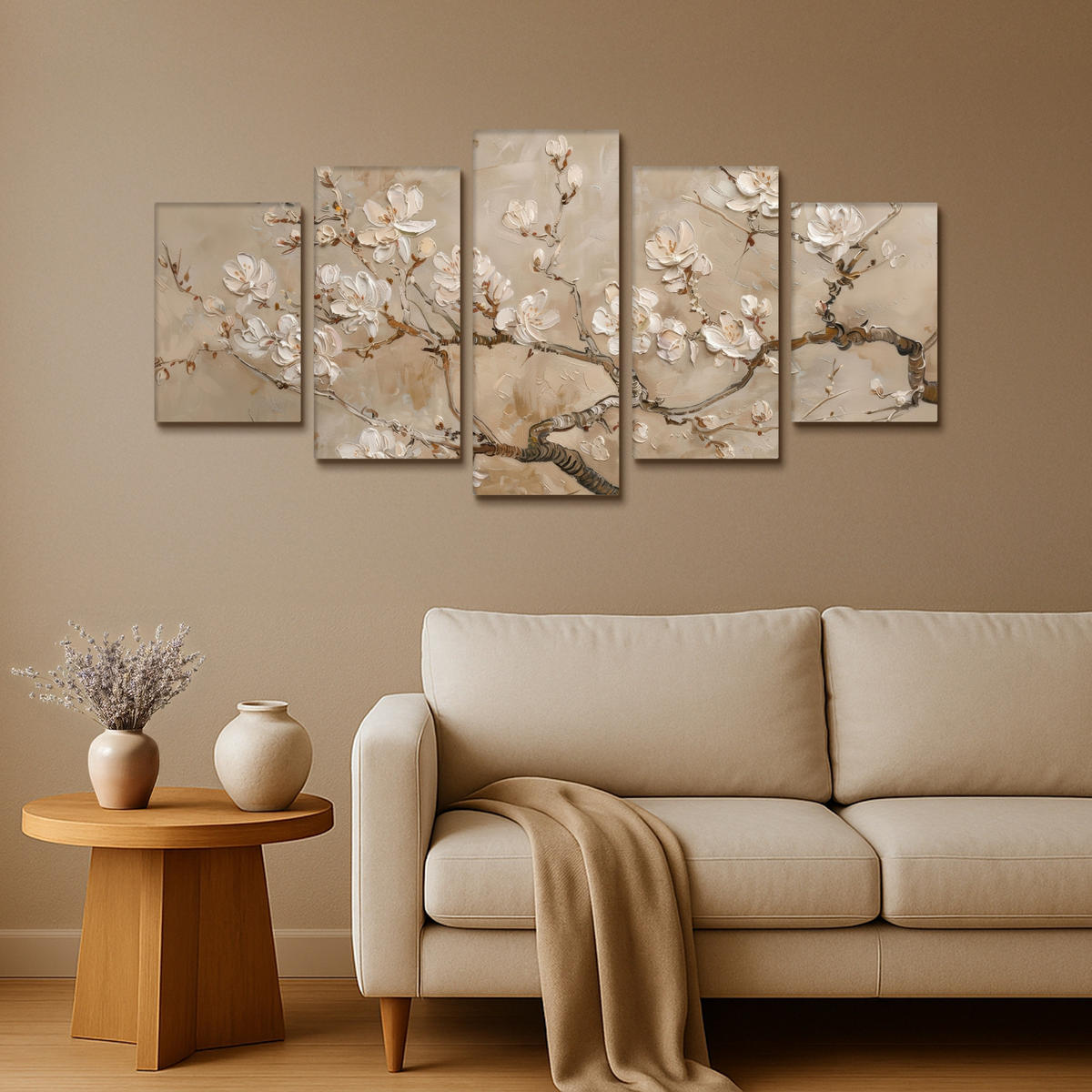 LEINWANDBILD 5er Set Beige - Blüte - Modern 100x50 cm - Greige, Textil (100/50cm) - MuchoWow