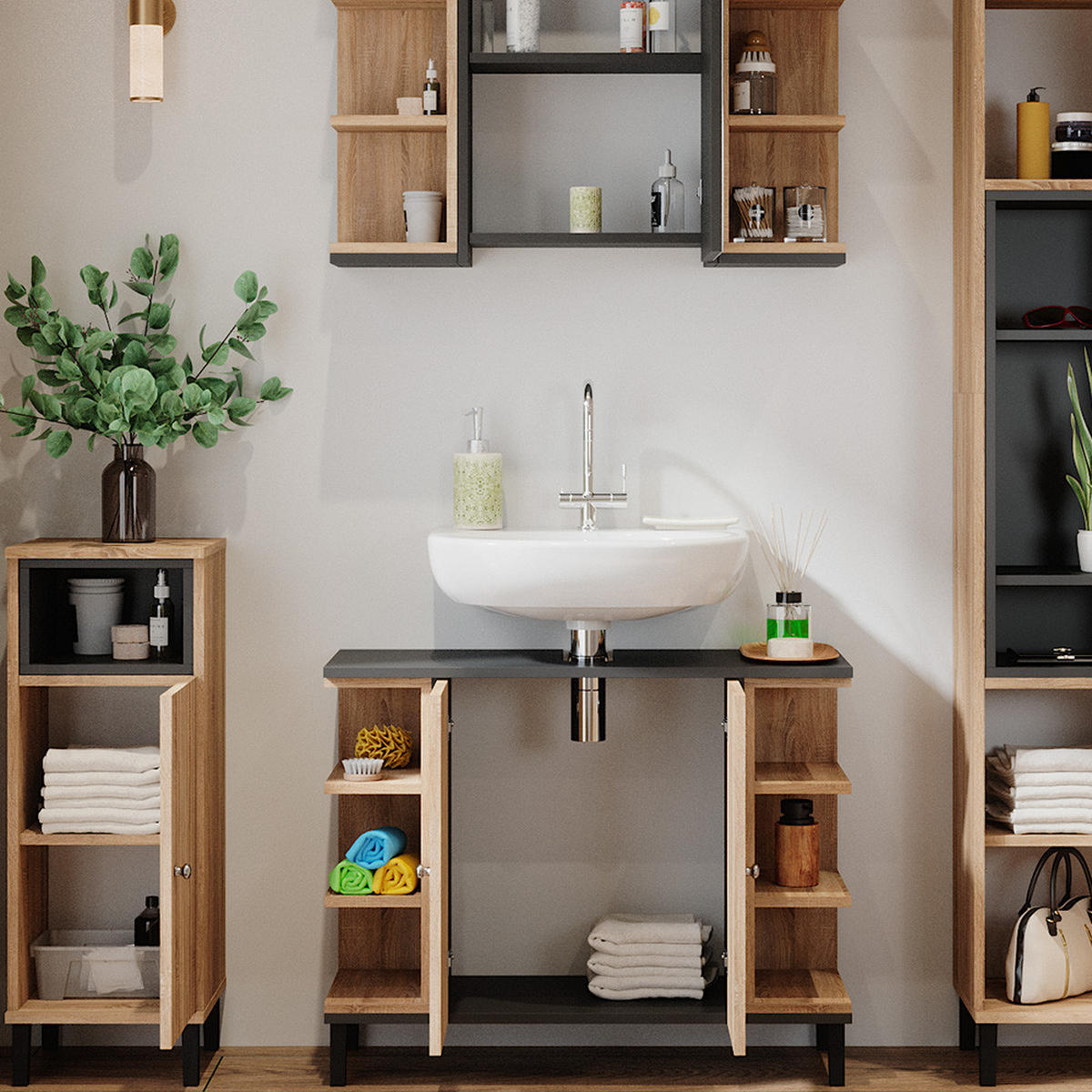 BADMÖBEL-SET Aquis Sonoma 4 Teile - Anthrazit/Sonoma Eiche, Holzwerkstoff (79.6/64/32cm) - Vicco