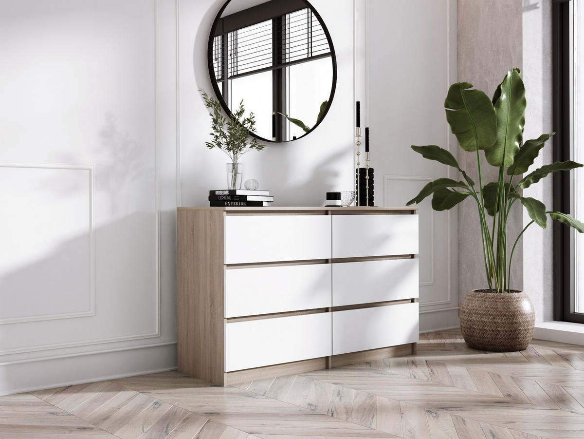 KOMMODE 6 Schubladen, Farbe: Sonoma-Eiche / Mattweiß, 120 cm x 39 cm x 78 cm - Weiß/Sonoma Eiche, Holzwerkstoff (120/78/39cm) - 3XE LIVING