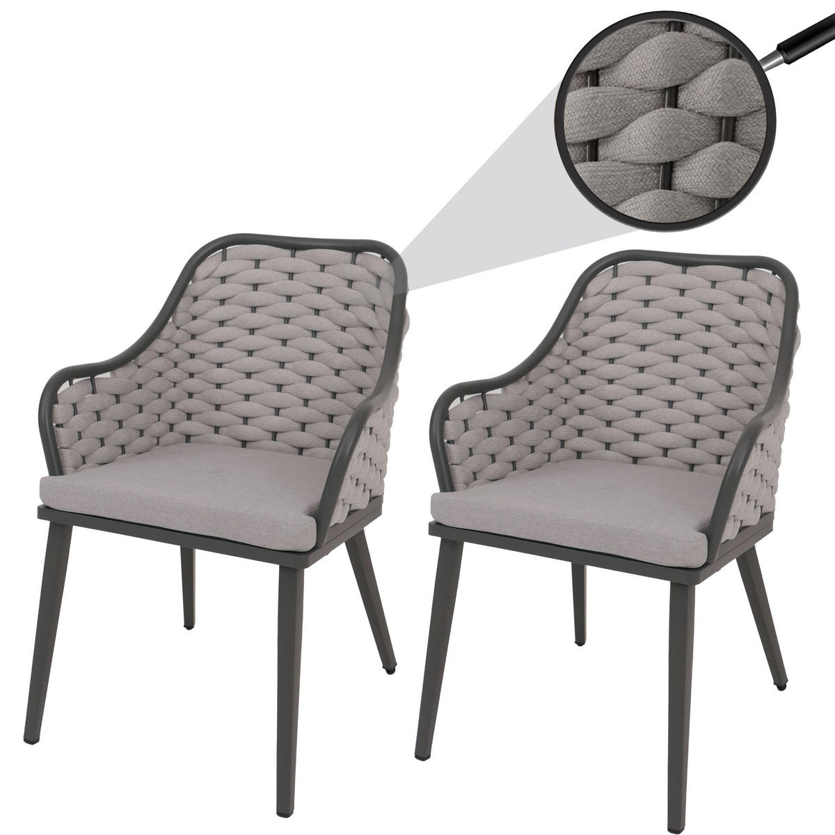 GARTENSTUHL 2er-Set aus Aluminium HxBxT 84x59x63cm Sitzhöhe 46cm Olefin (200 g/m²) Seilgeflecht Rope Hellgrau Kissen Hellgrau - Hellgrau, Metall (59/84/63cm) - PROREGAL