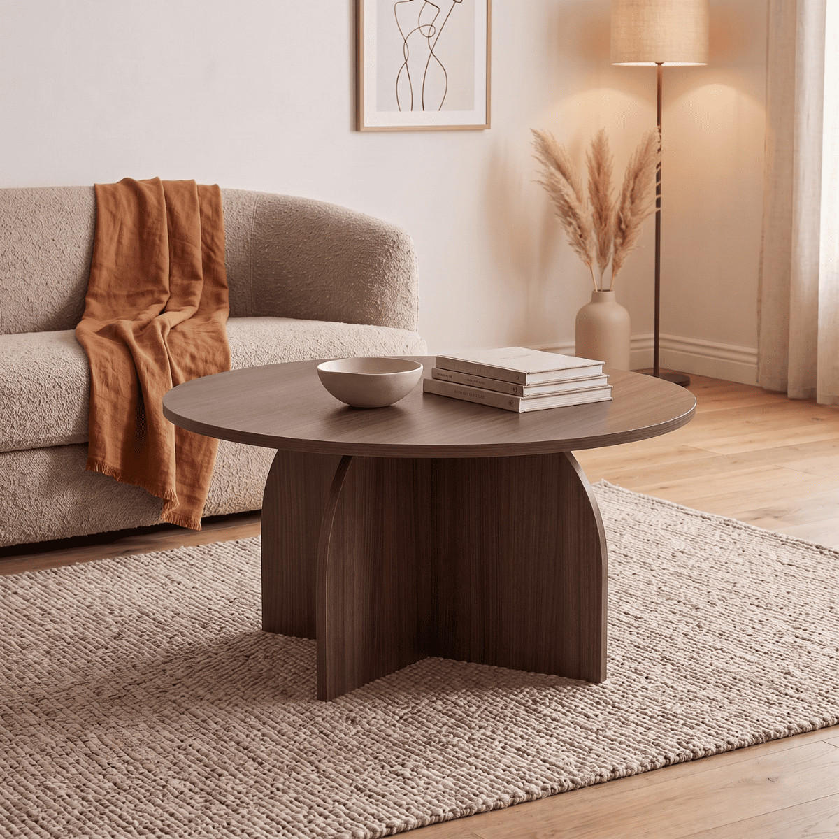 KONFERENČNÍ stolek s kulatou deskou, průměr 80 cm - CLOVER - přírodní, kompozitní dřevo (80/80/40cm) - Calicosy