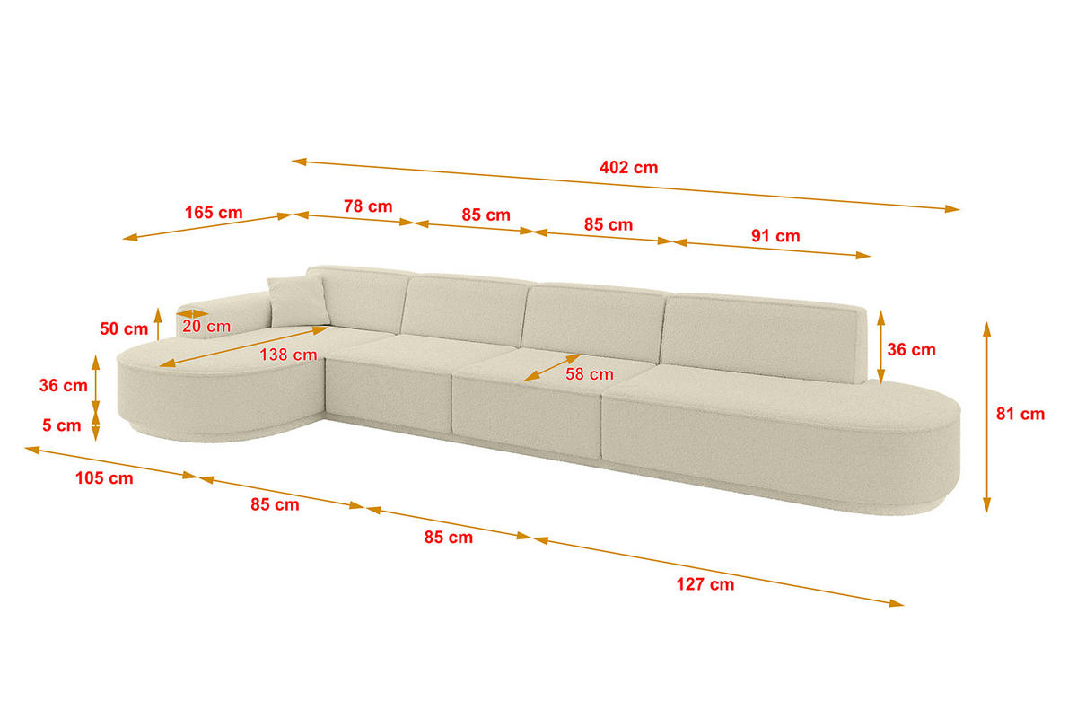ECKSOFA Ottomane Links MARI-L3 - 402x163x81 cm Beige Bouclé - Beige/Schwarz, Holzwerkstoff/Kunststoff (165/406cm) - ALTDECOR