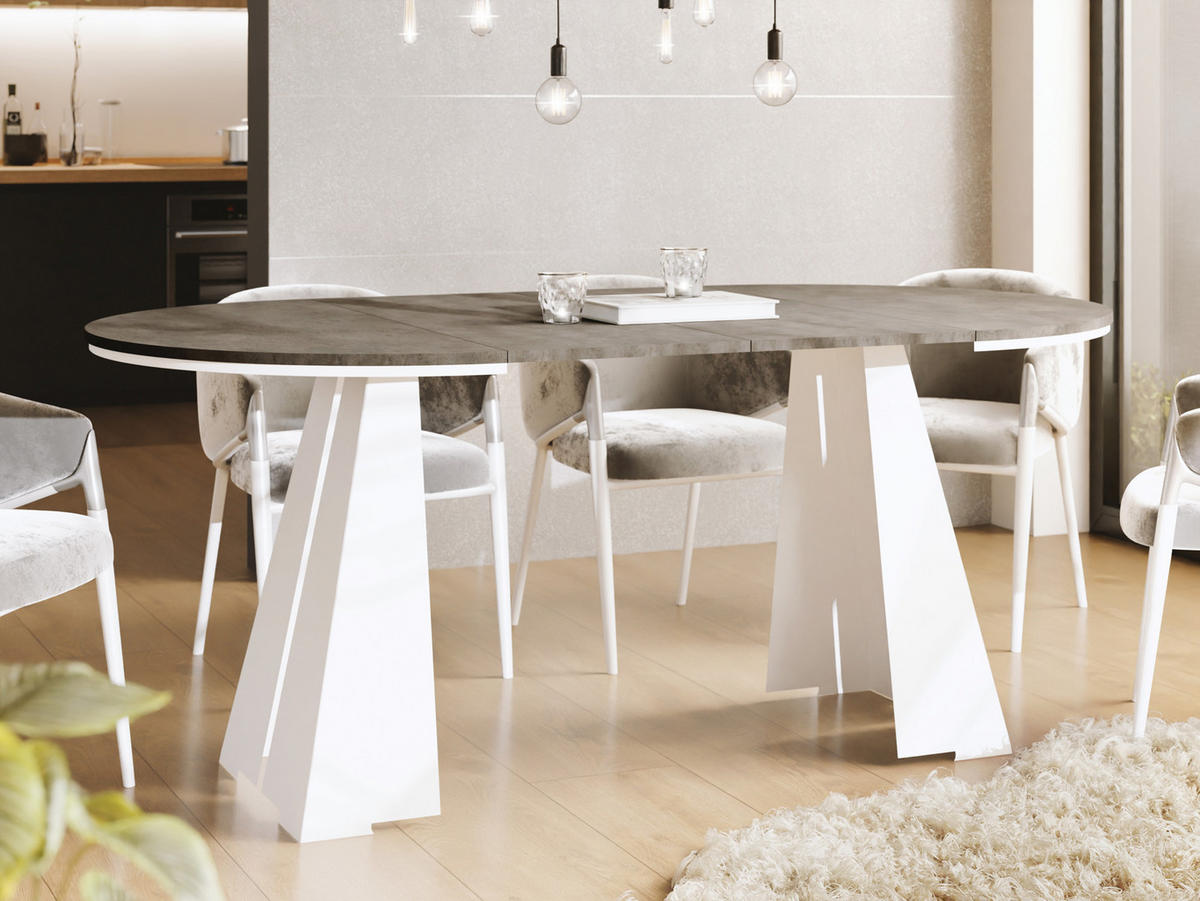 ESSTISCH Kova runder ausziehbarer, Dunkelgrauer Chicago Beton 120-200/120/76 cm - Dunkelgrau/Weiß, Holzwerkstoff/Metall (120/120/76cm) - WFL GROUP