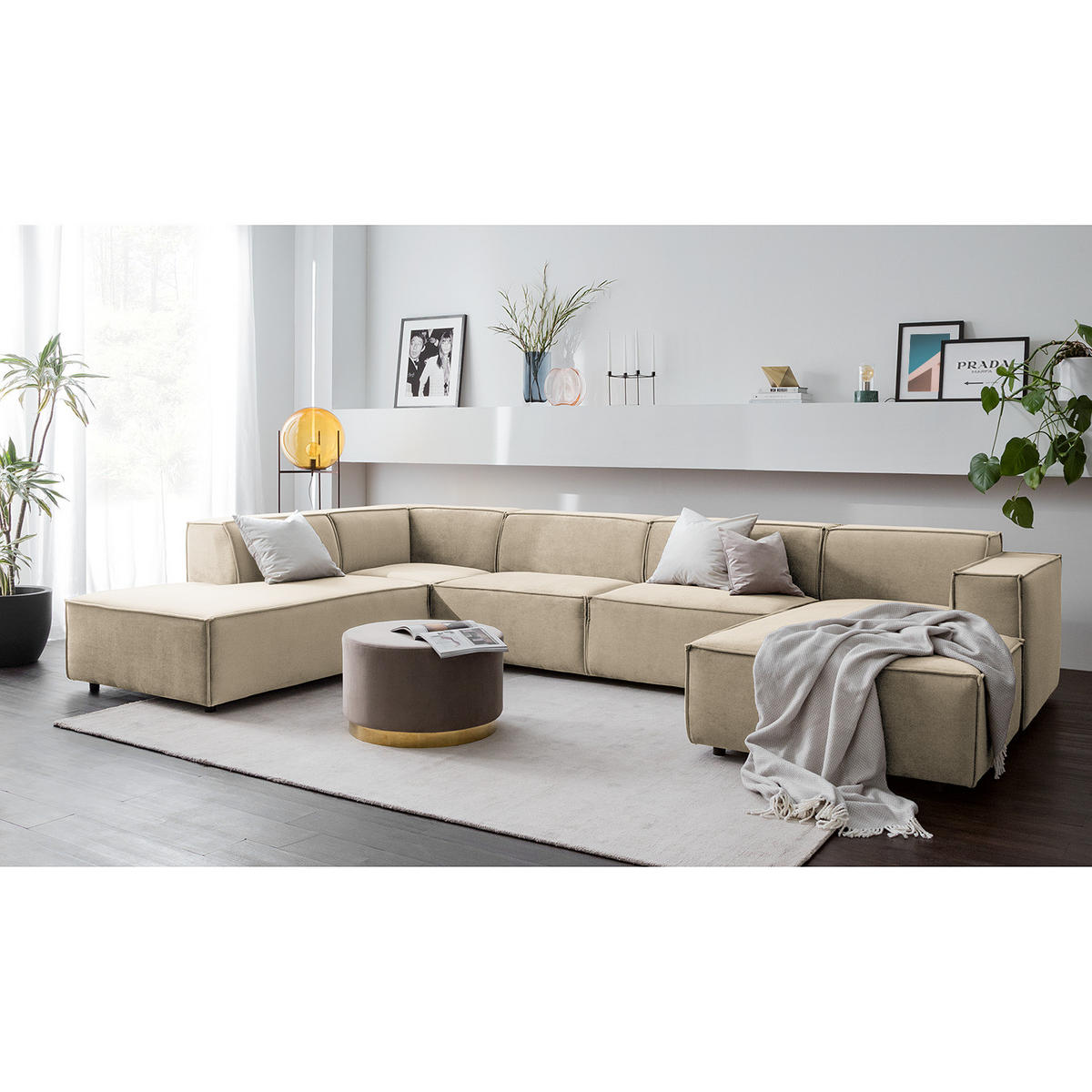 WOHNLANDSCHAFT mit Longchair & Ottomane - Beige/Schwarz, Kunststoff/Textil (369/70/234cm) - home24