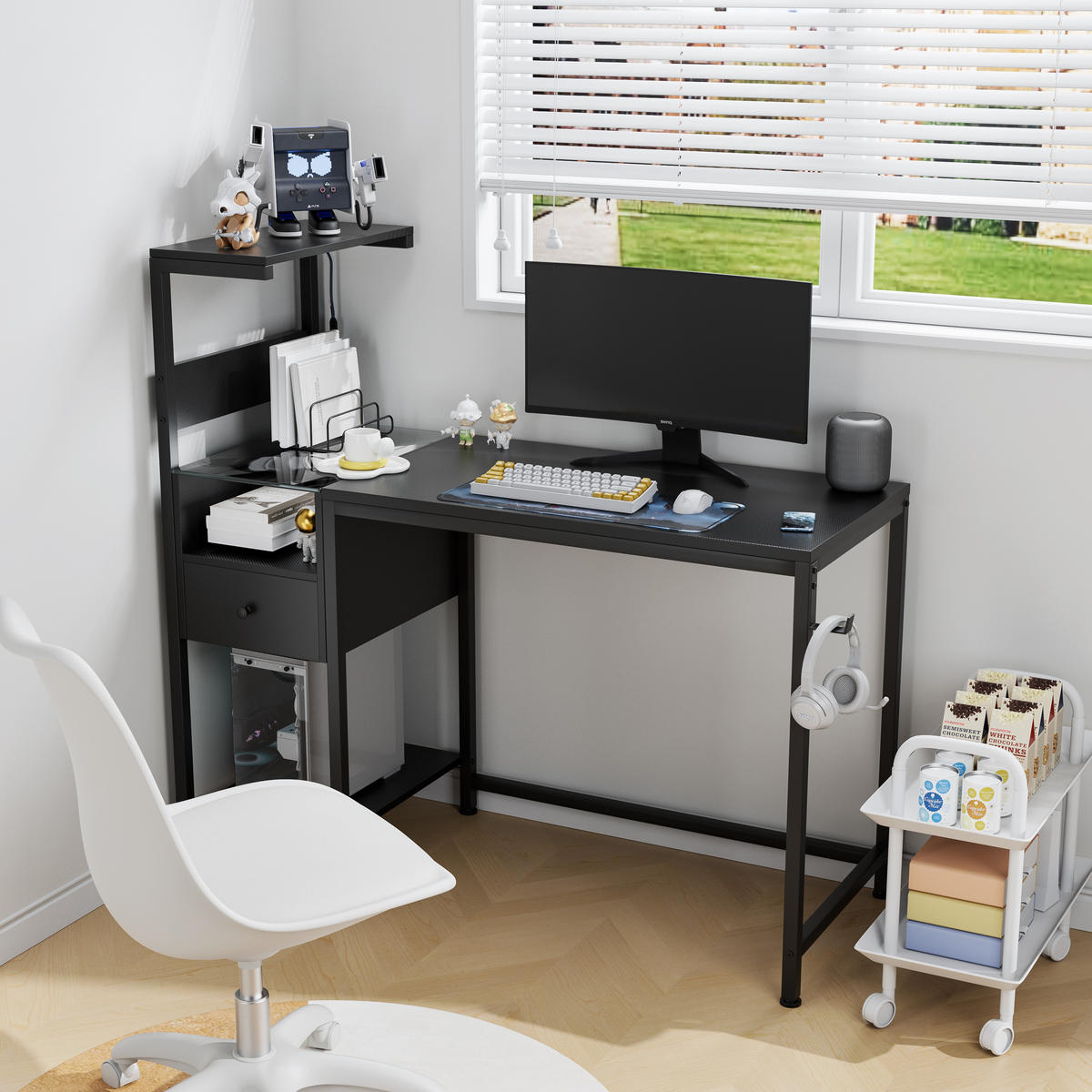 COMPUTERTISCH Schwarz 122/51/110 cm mit Stromanschluss USB LED-Beleuchtung und Regal - Schwarz, Metall (50/122/115cm) - PANGIVO