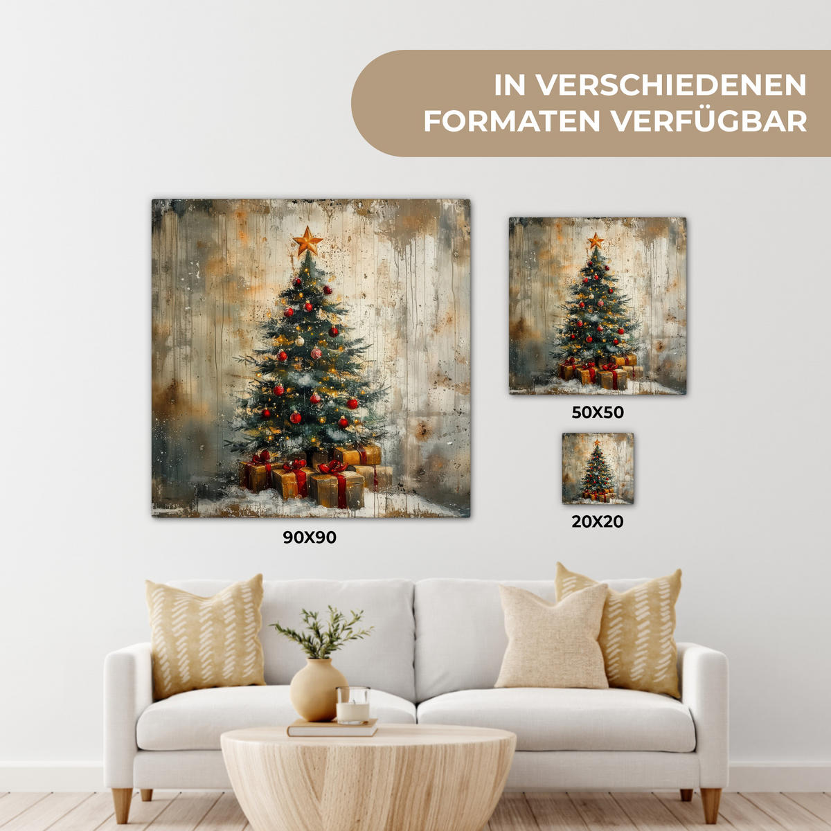LEINWANDBILD Weihnachtsbaum - Vintage - Weihnachten - Geschenk 90x90 cm - Rostfarben, Textil (90/90cm) - MuchoWow