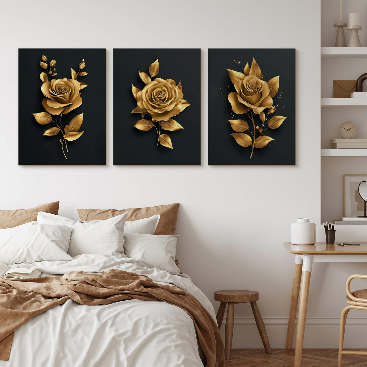 LEINWANDBILDER 3-es Set Rosen Blumen 3D - Beige/Schwarz, Textil (90/40cm) - Muralo