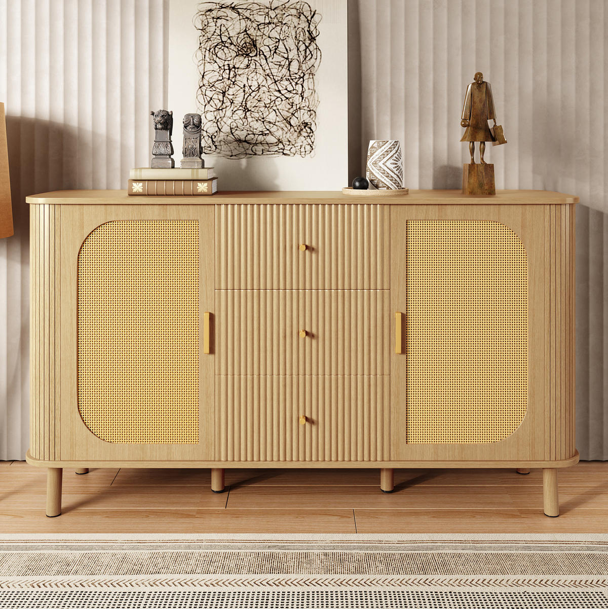 SIDEBOARD in Natur mit Rattan-Türen und gewellten Schubladen, MDF, Metallbeine mit Holzmaserung, 140/40/80 cm,Naturfarben - Naturfarben, Holzwerkstoff (140/80/40cm) - Redom