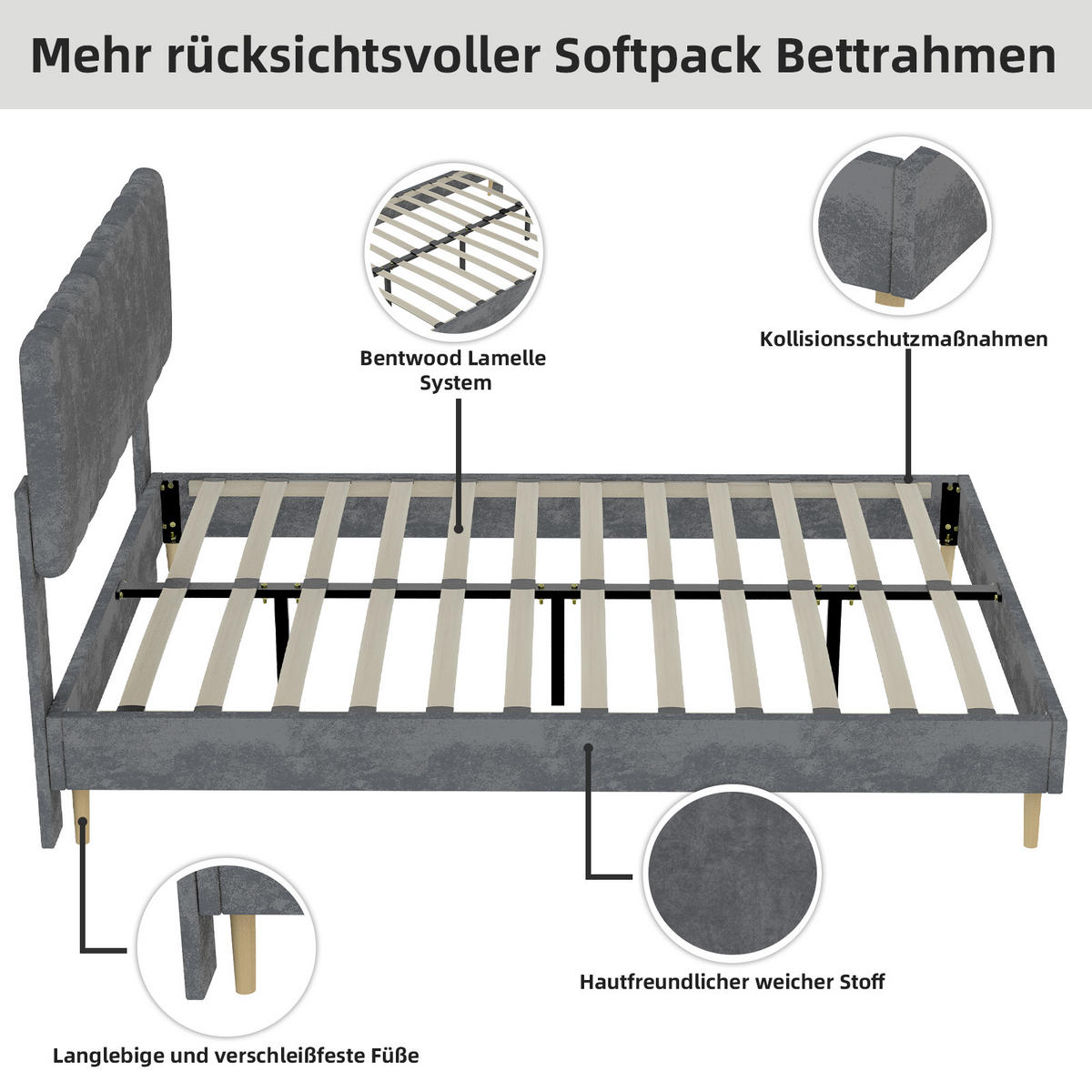 POLSTERBETT 160x200 cm ohne Stauraum grau - Grau, Textil (160/200cm) - LEBENLANG