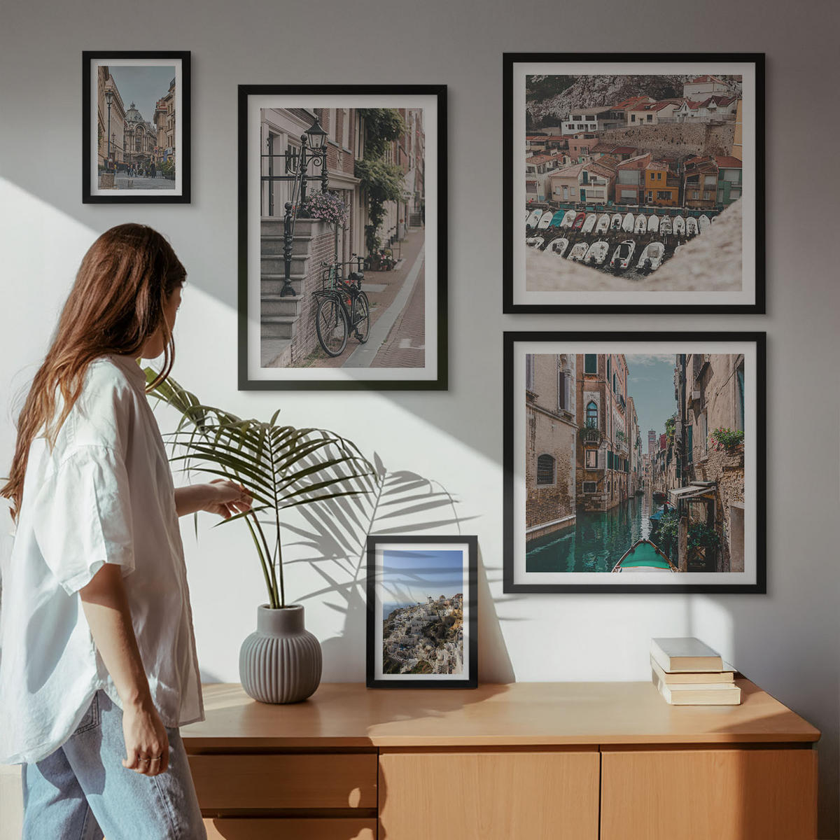 WANDBILDER 5er-Set - 50x50 cm & 20x30 cm & 40x60 cm Schwarzer Rahmen - Blattmuster Marmor abstrakt - Schwarz, Kunststoff (40/60cm) - ArtPrintCave