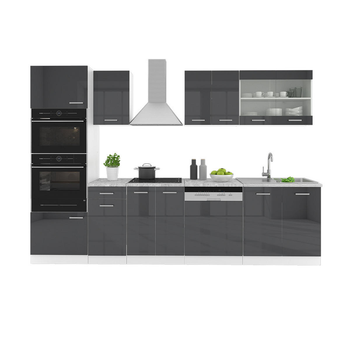 KÜCHENZEILE R-Line Anthrazit Hochglanz/Weiß 300 cm mit Hochschrank ohne AP - Anthrazit/Weiß, Holzwerkstoff (300/81.6/46cm) - Vicco