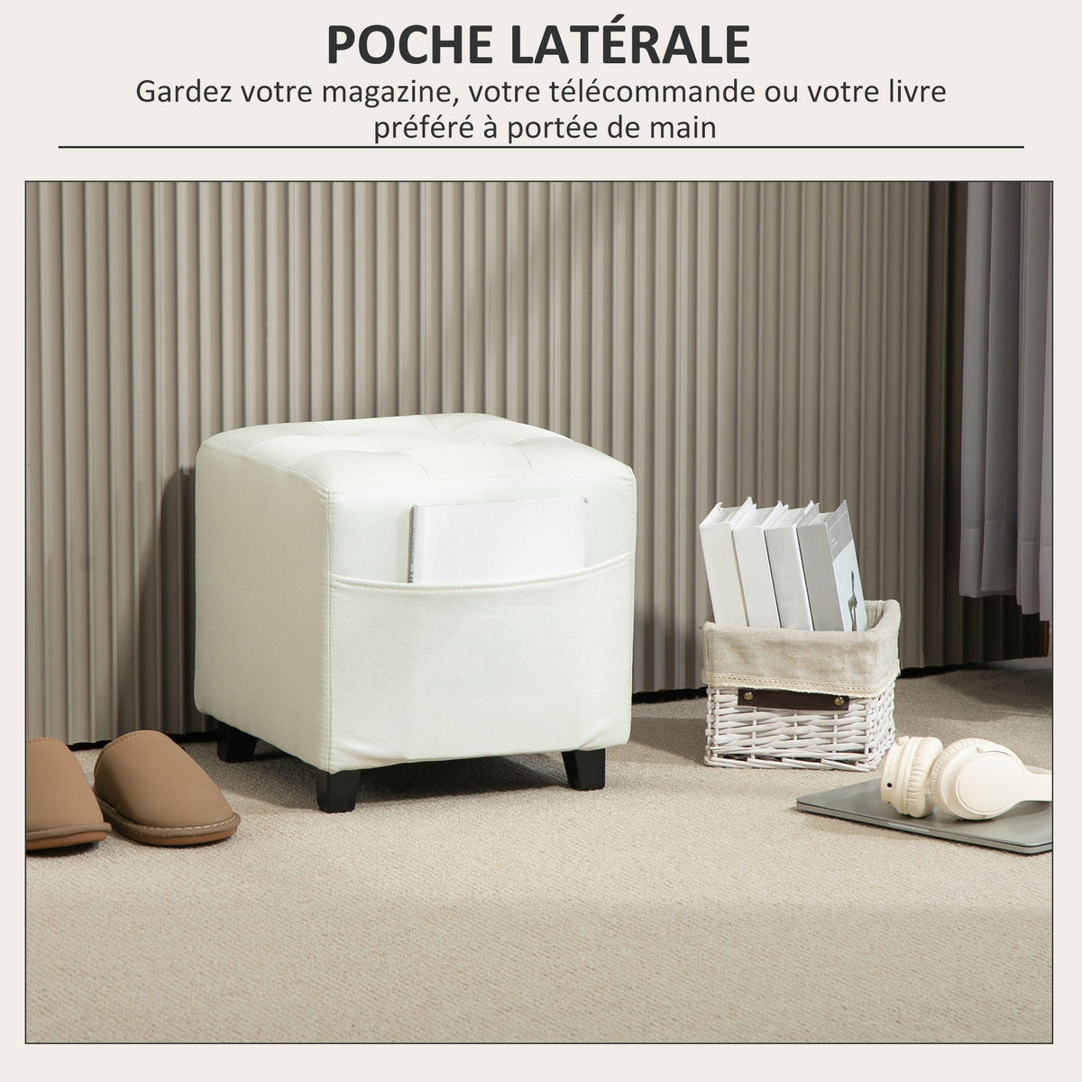 HOCKER DE-16461 mit Seitentasche und Knopfheftung Creme - Creme, Holzwerkstoff (35/35/35cm) - ComfortXL