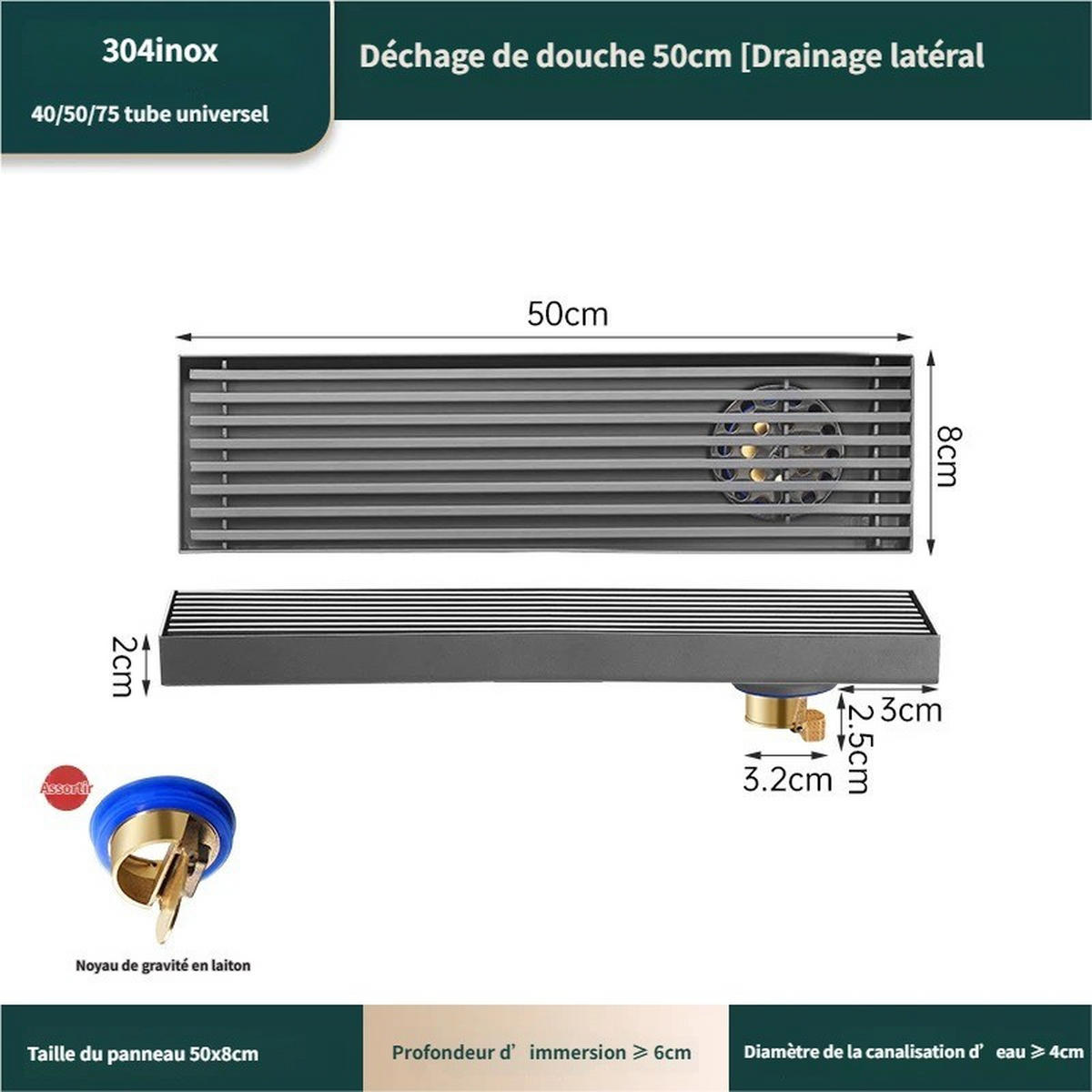 BODENABLAUF – 8 x 50 cm – Seitlicher Abgang - Grau, Metall (12.4/61/6.8cm)