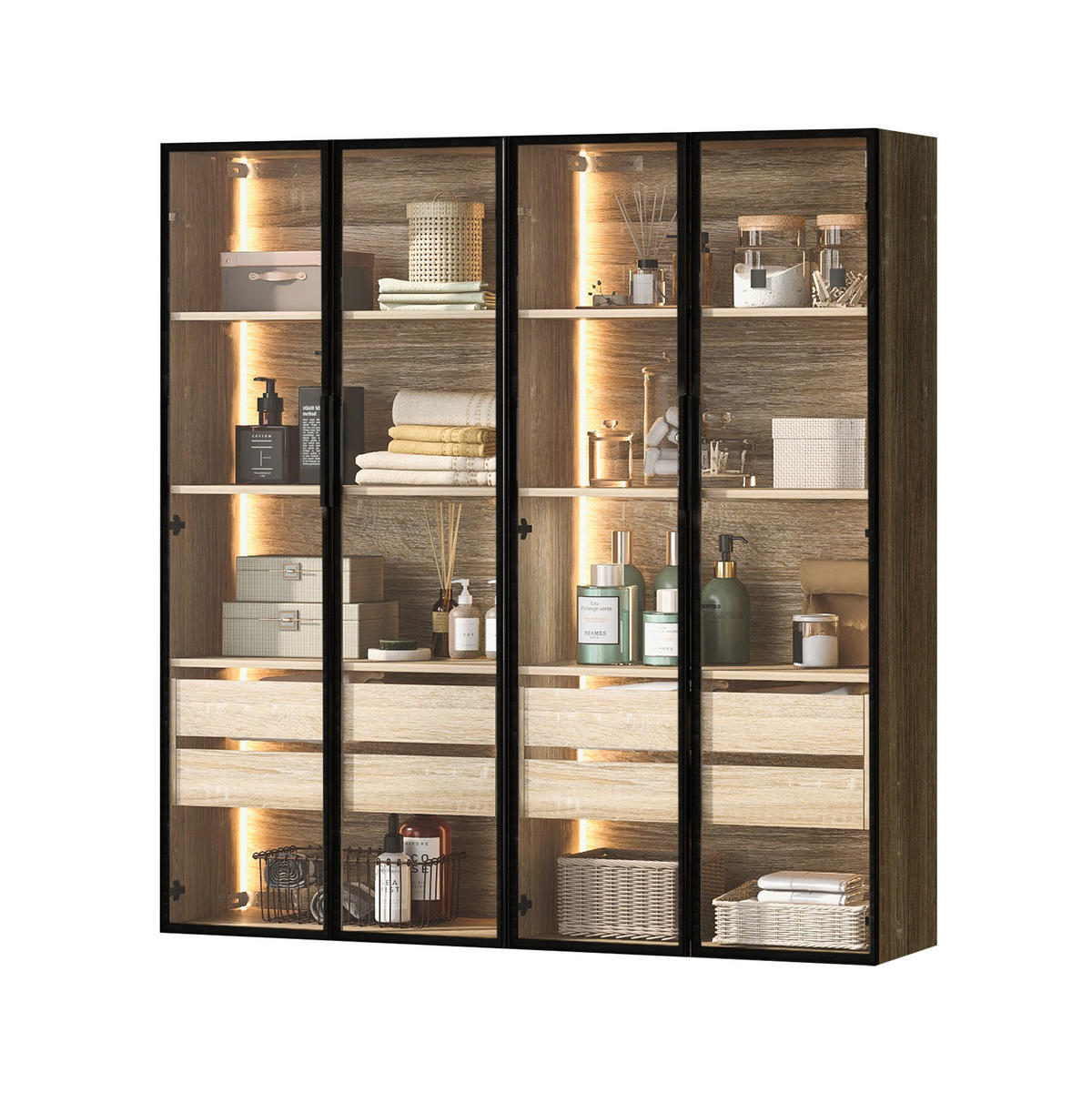 MIDISCHRANK 2er-Set Badezimmerschränke 73 cm aus MDF mit LED-Beleuchtung und Milchglastüren Natur - Naturfarben, Holzwerkstoff (74/155/36cm) - Modenvie