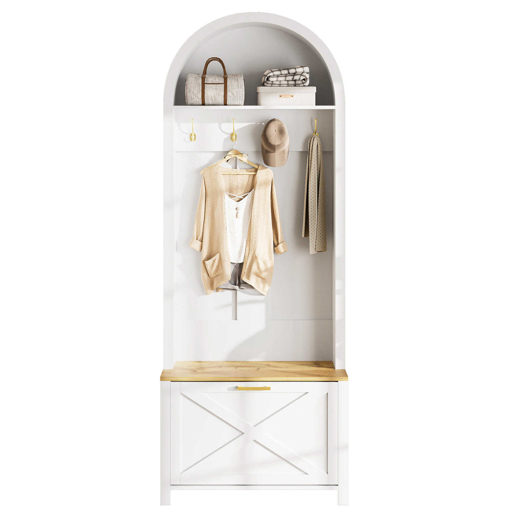 GARDEROBENSCHRANK 75/35/195 cm aus MDF mit Schuhfach und Haken Weiß/Holzfarben - Weiß, Holzwerkstoff (35/195/75cm) - Modenvie