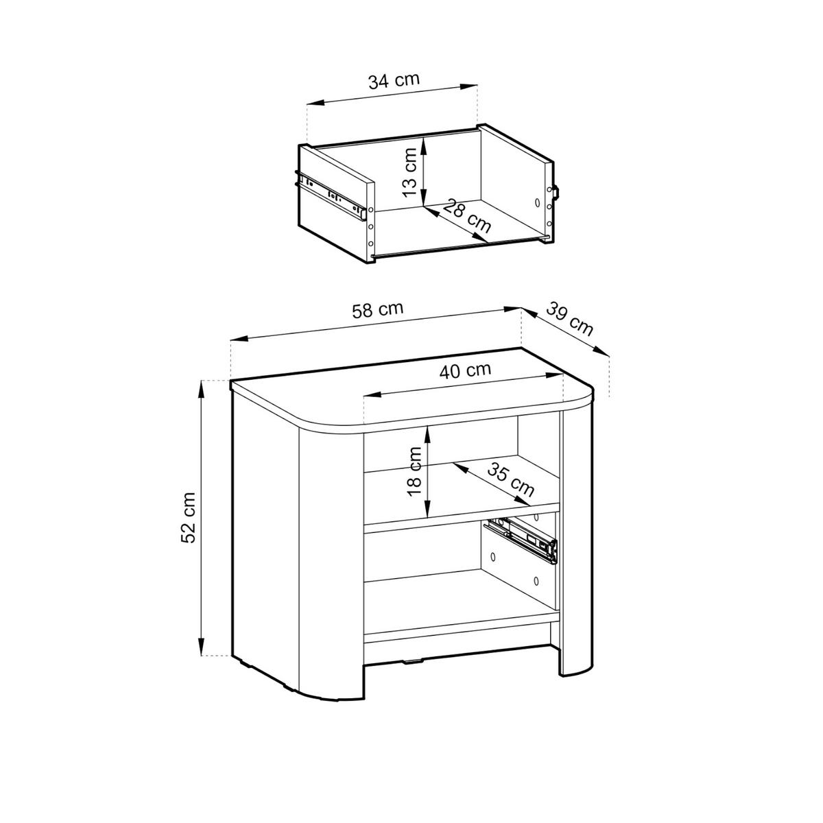 NACHTTISCH AMOS STO1-1S Abgerundeter Korpus, Eiche - Eichefarben, Holzwerkstoff/Kunststoff (58/52/39cm) - Komodee