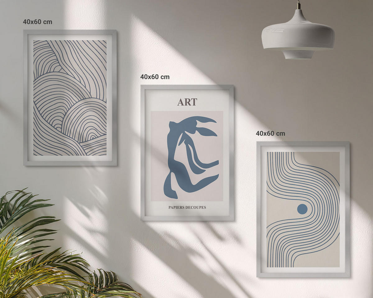 BILDER SET 3er Set - 40x60 cm Silberner Rahmen - Abstrakte blaue Linien - Silberfarben, Kunststoff (40/60cm) - TULUP