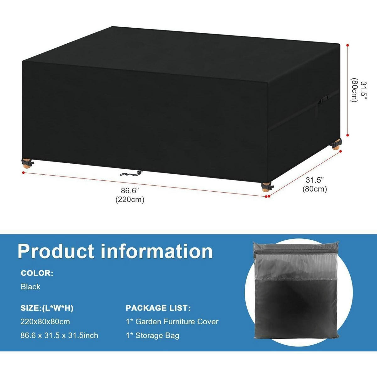 ABDECKUNG für Gartenmöbel 220 x 80 x 80 cm Wasserdicht - Schwarz, Textil (1/1/1cm)