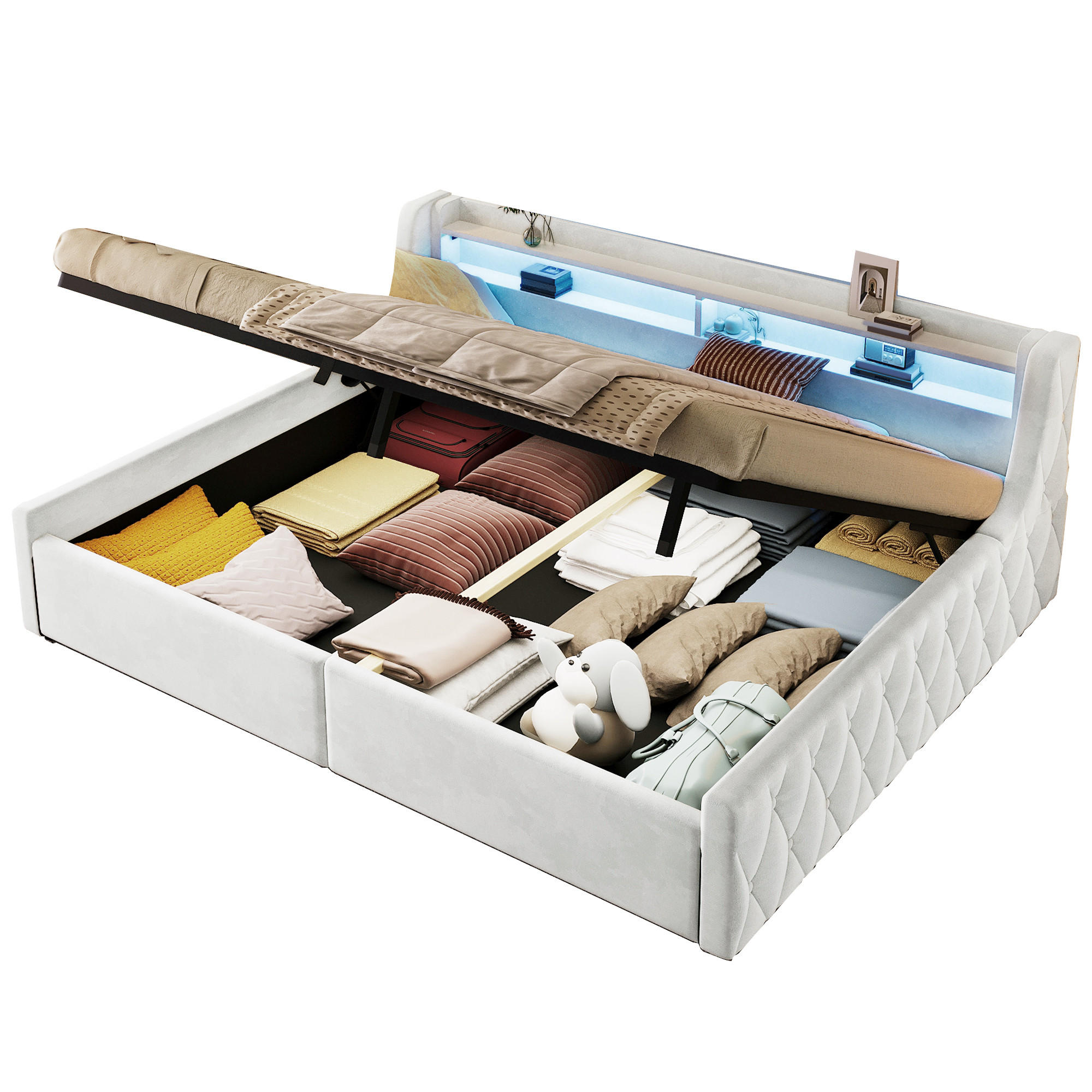 POLSTERBETT 140/200 cm in Off White mit Bettkasten und LED - Weiß, Holzwerkstoff/Textil (140/200cm) - CHICFURN