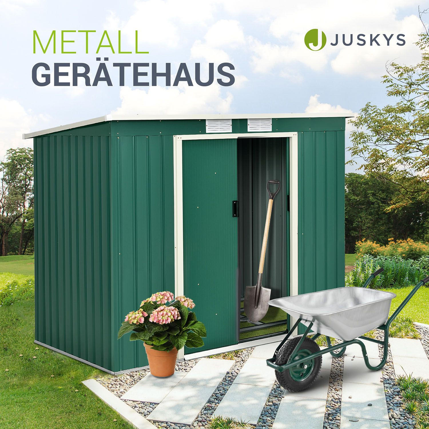 GERÄTESCHUPPEN M Dunkelgrün - Grün, Metall (213/173/130cm) - Juskys