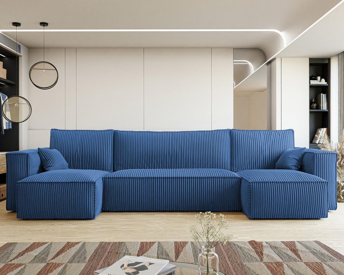 ECKSOFA mit Schlaffunktion und Bettkasten, Blau - Blau, Holzwerkstoff/Textil (312/145cm) - Idohome