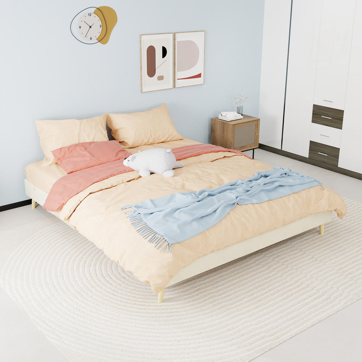 BETT 160/200 cm in Beige Stoff mit niedrigem Rahmen und modernem Design - Beige/Naturfarben, Holzwerkstoff/Textil (160/200cm) - STILVORA