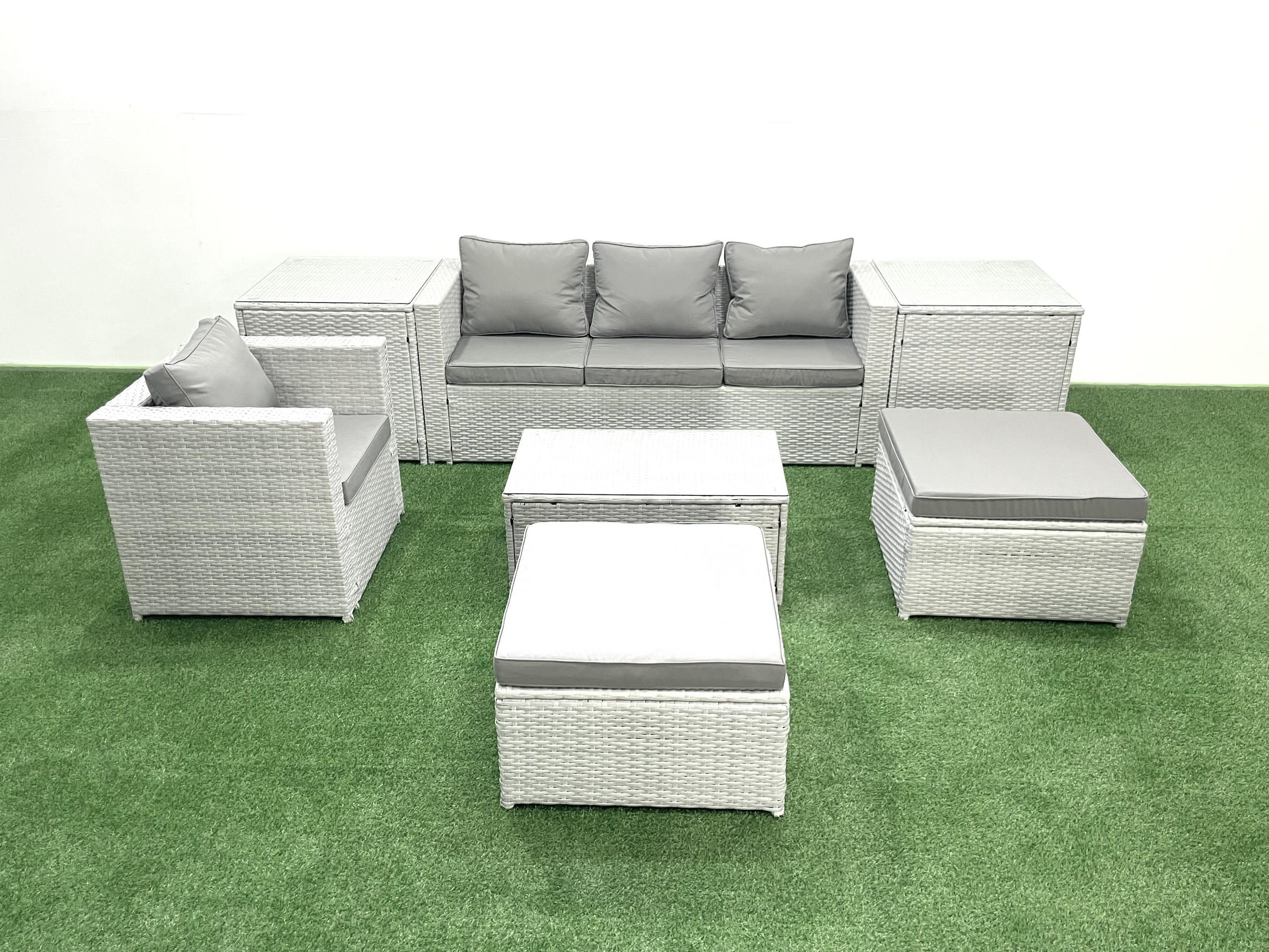 GARTENSET mit 3-SITZER SOFA,COUCHTISCH Polyrattan Hellgrau-Mix 6-Sitzer - Hellgrau/Grau, Glas/Kunststoff - Fimous