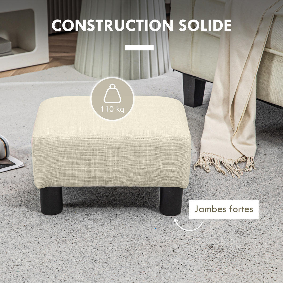 POUF DE-16425 gepolstert mit Leinenbezug Beige - Beige, Textil (30/24/40cm) - ComfortXL