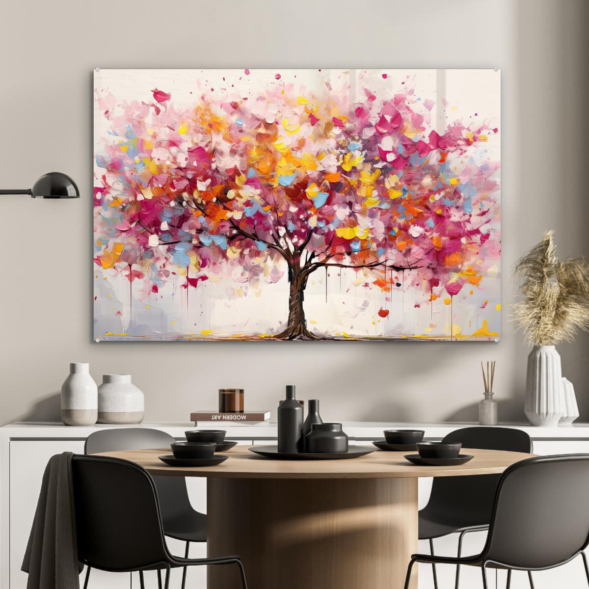ACRYLGLASBILD Aquarell - Baum - Kunst - Abstrakt 90x60 cm - Multicolor, Glas (90/60cm) - MuchoWow
