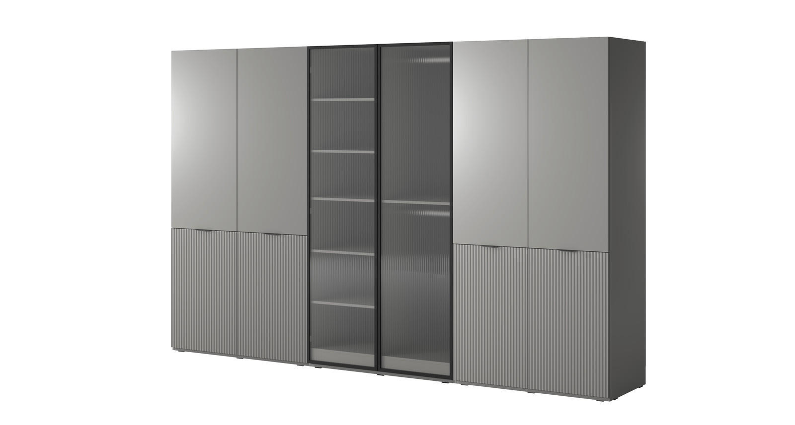 KLEIDERSCHRANK ZEN (Modular, Grau Matt, Grau & Geriffeltes Glas Flutes, 6-türig) - Schwarz/Grau, Holz/Holzwerkstoff (303/200/51cm) - Ravio