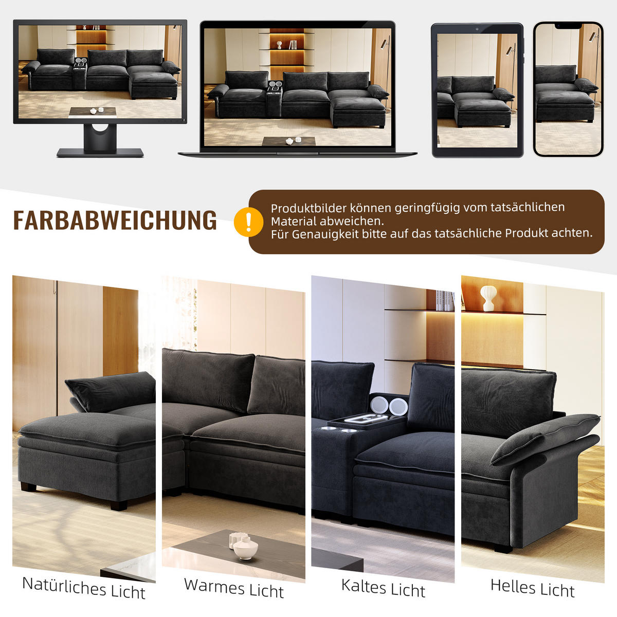 ECKSOFA 315/70/85 cm Schwarz mit Fußhocker, kabelloses Laden, Lautsprecher, Licht und 2 Getränkehalter - Schwarz, Textil (315/70cm) - Oxeza