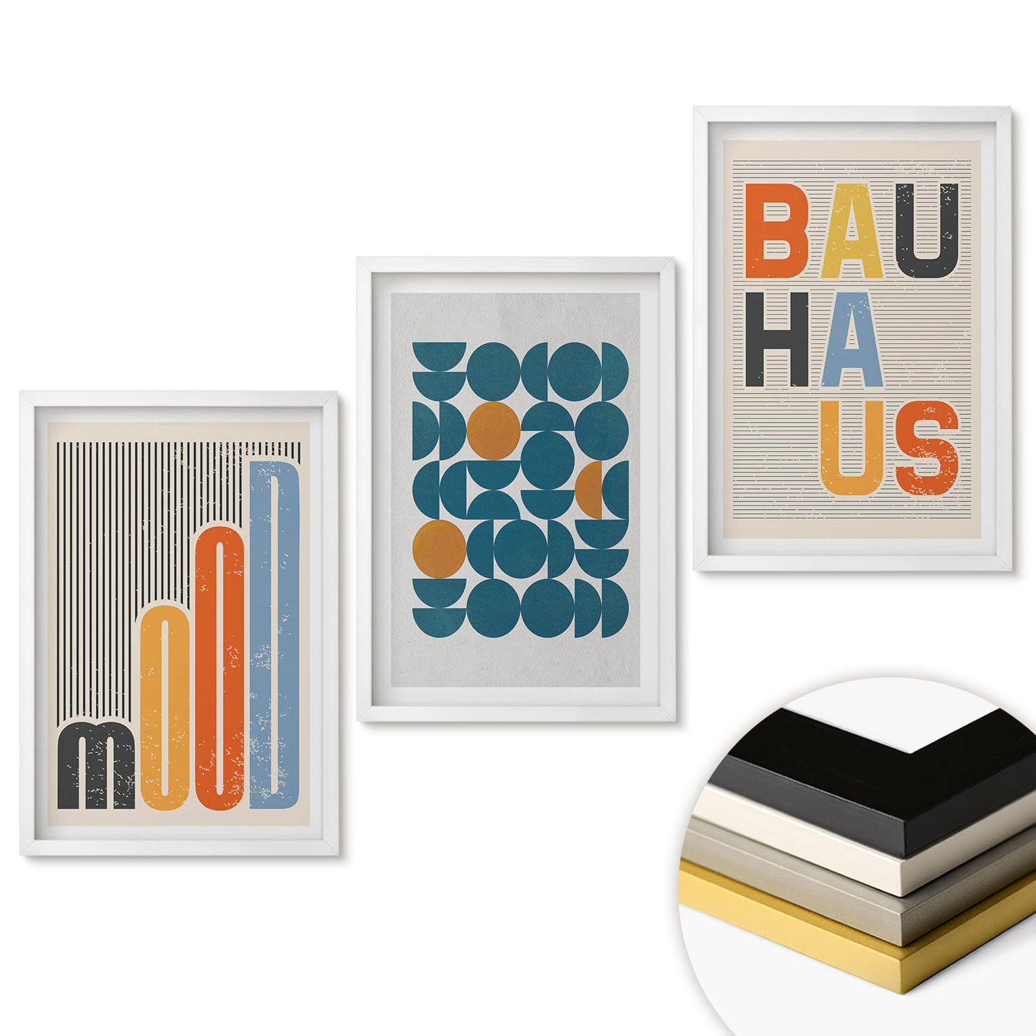 WANDBILDER 3er-Set - 40x60 cm Weißer Rahmen - Geometrische Muster im Bauhaus-Stil - Weiß, Kunststoff (40/60cm) - ArtPrintCave