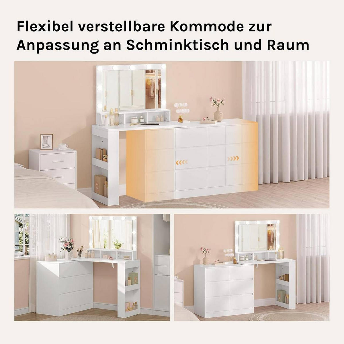 SCHMINKTISCH mit LED, Spiegel, Kommode, Weiß - Weiß, Glas/Holzwerkstoff (90/134.5/40cm) - Woltu