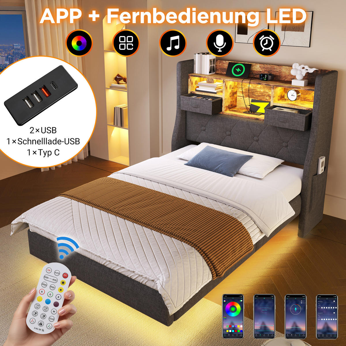 POLSTERBETT 90/200 cm aus Leinen mit LED-Beleuchtung, USB- und Type-C-Anschluss, Stauraum-Kopfteil, Grau - Grau, Textil (90/200cm) - Redom