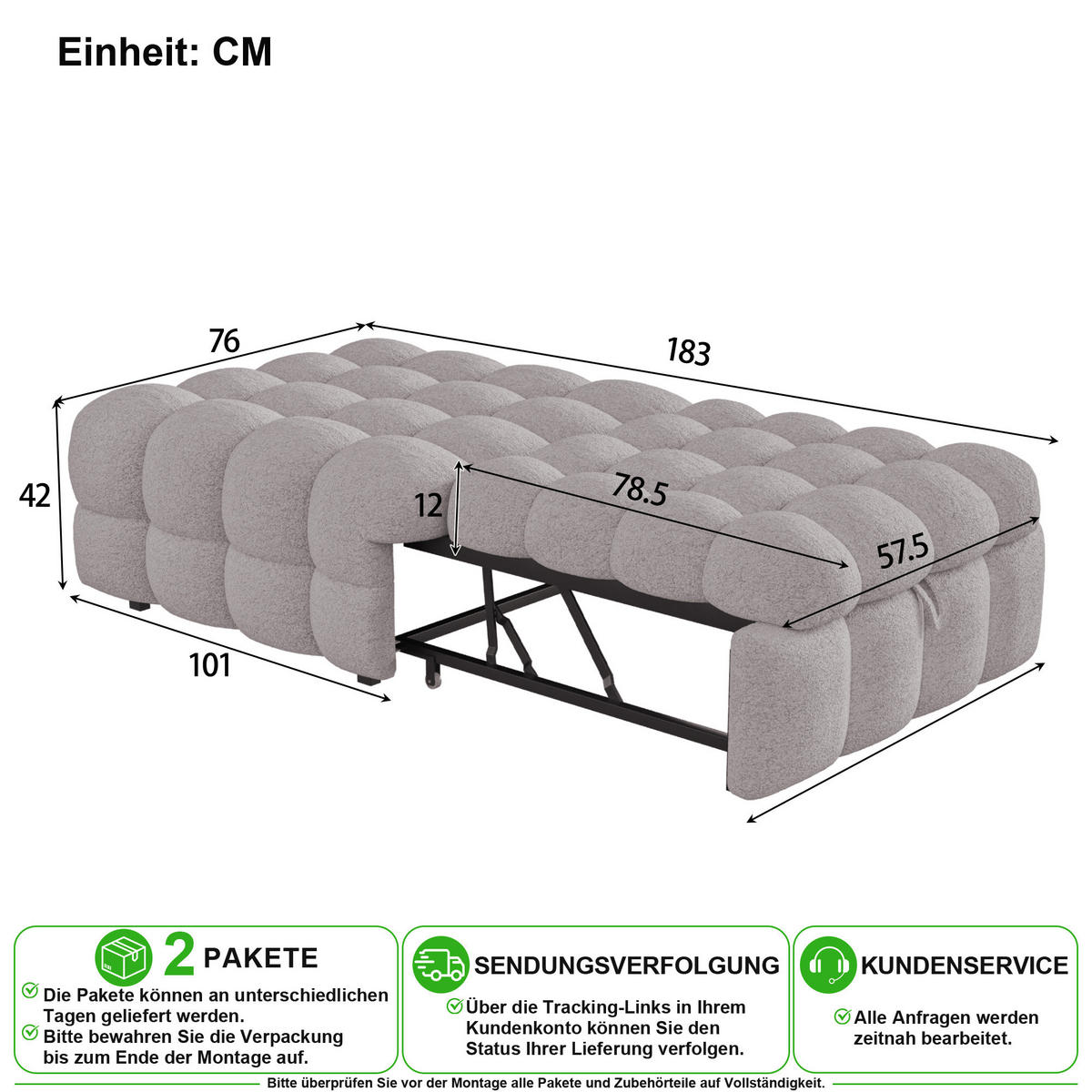 SCHLAFSOFA 76/183 cm in Grau mit Ausziehfunktion und 2-in-1-Design Stoff - Grau, Holzwerkstoff/Textil (70/180cm) - CHICFURN