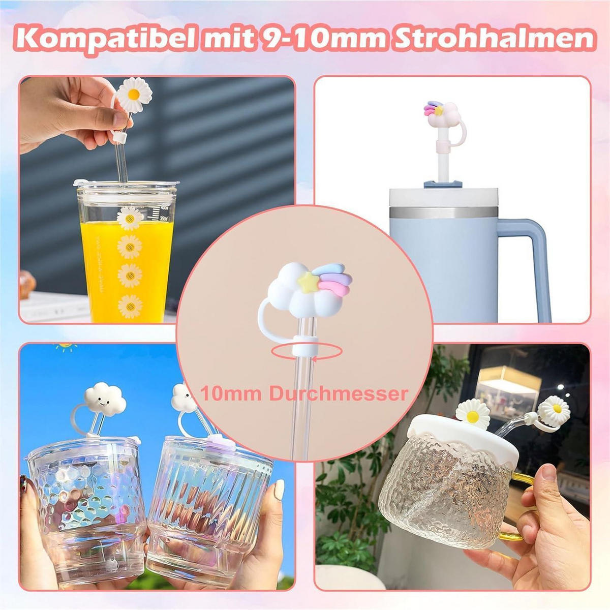 STROHHALM Abdeckung 8-teiliges Set Silikon für Stanley Cup - Multicolor, Kunststoff (3.3/2.5/3.7cm)