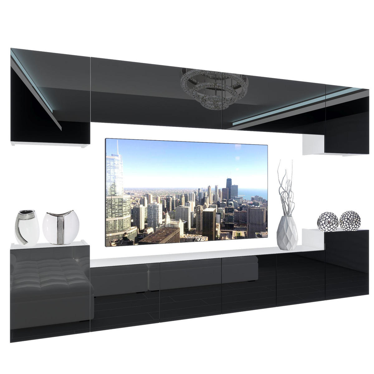 WOHNZIMMERWAND Schrankwand mit LED Schwarz - Schwarz, Holz (300/180/36cm) - B BELINI GROUP