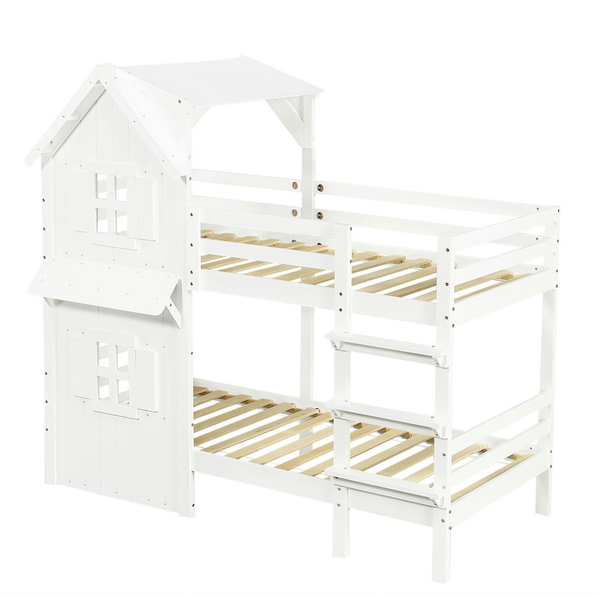 ETAGENBETT 90/200 cm, Weiß mit Dach, Fenstern und Sicherheitsgeländer - Weiß, Holzwerkstoff (90/200cm) - MIVRAY