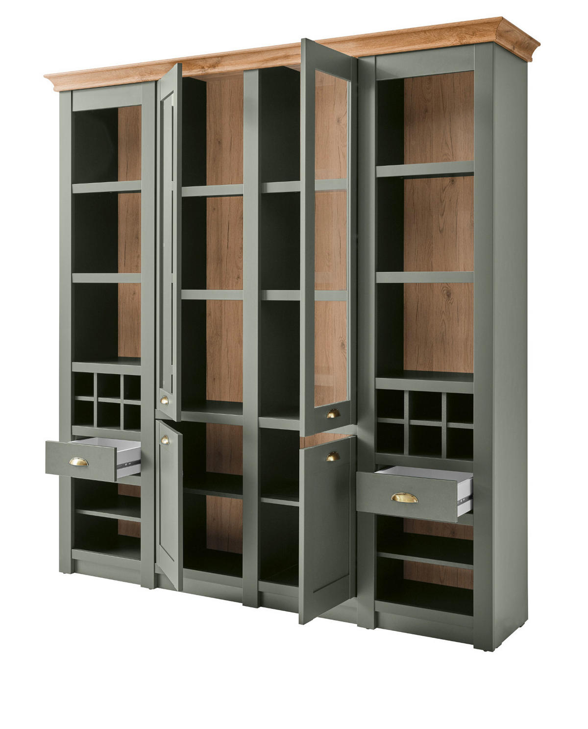 BUFFETSCHRANK grün, Wotan Eiche Landhaus, Vitrinenschrank mit Weinregal - Dunkelgrün/Messingfarben, Glas/Holzwerkstoff (194/207/45cm) - Furn.Design