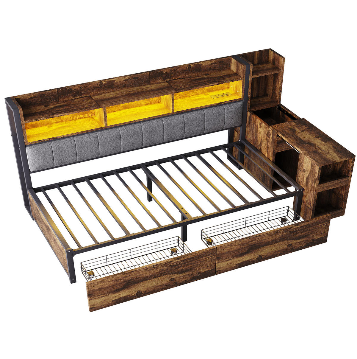 MULTIFUNKTIONSBETT 90/200 cm mit Schreibtisch und Stauraum Holzfarbe aus Metall - Naturfarben, Metall (90/200cm) - OKWISH