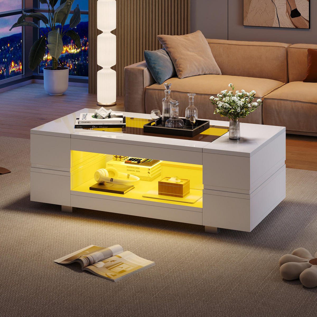 COUCHTISCH Weiß LED Bluetooth App Hochglanz Wohnzimmer Büro Party - Weiß, Holz (72.39/60.96/20.32cm) - FLIEKS