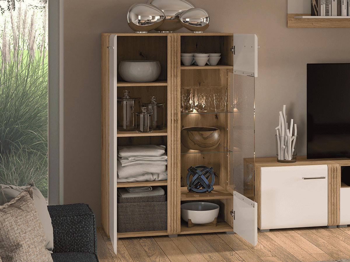 VITRINE – 92 cm – Adagio – Weiß / Eichefarben – Anschlag rechts – VT-GEN148 - Eichefarben/Weiß, Holzwerkstoff (92/143/42cm) - hi-markt